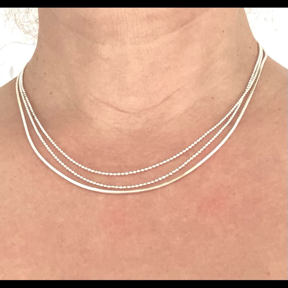 Silver-Coloured Triple Layer Necklace, 16”